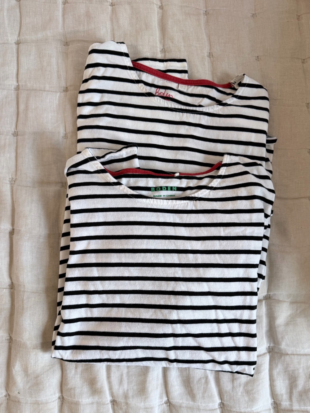 Pair of Boden Black & White Striped Tops Long and Short Sleeve, Size Medium